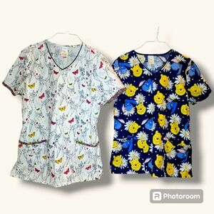 (2) Women's Disney Scrub Tops - Eeyore Pooh Bear & Bambi - Sz Large